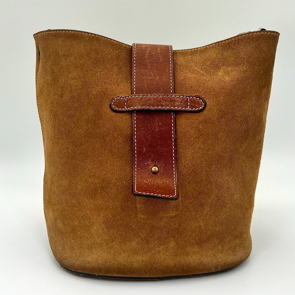 Garnet Hill Italian Suede Bucket Bag Tan Camel Leather Trim Y2K Crossbody Purse